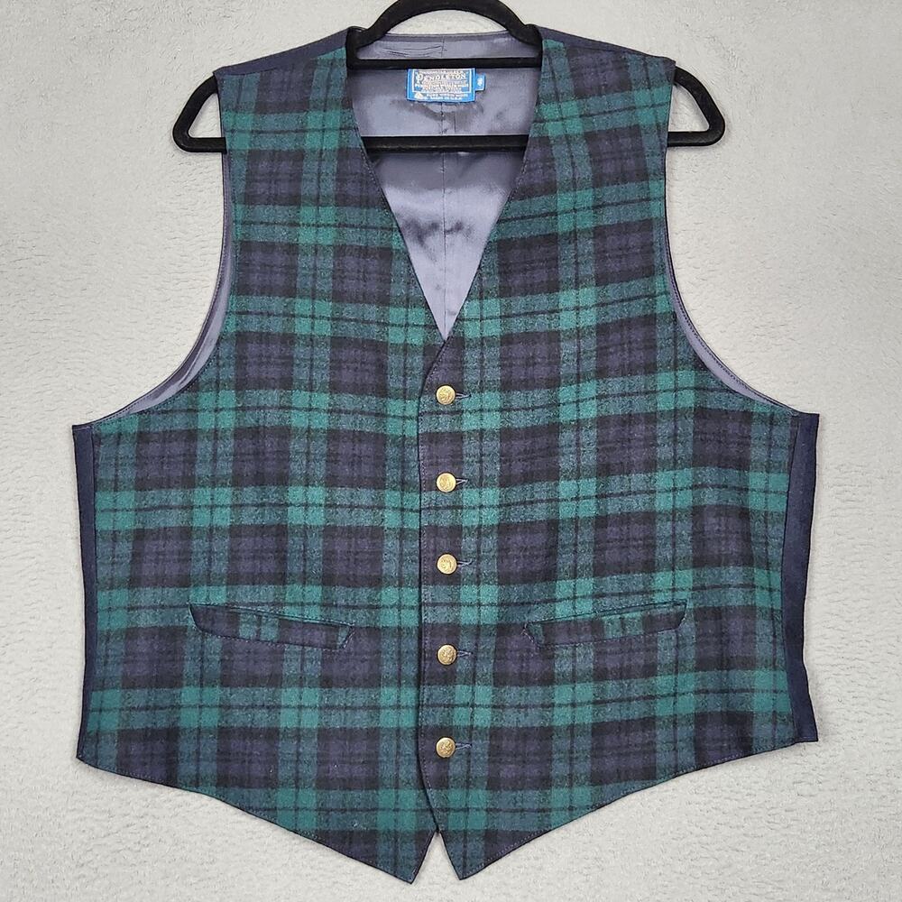 Vintage Pendleton Vest Mens 46 Green Tartan Plaid Wool Lined Made In USA